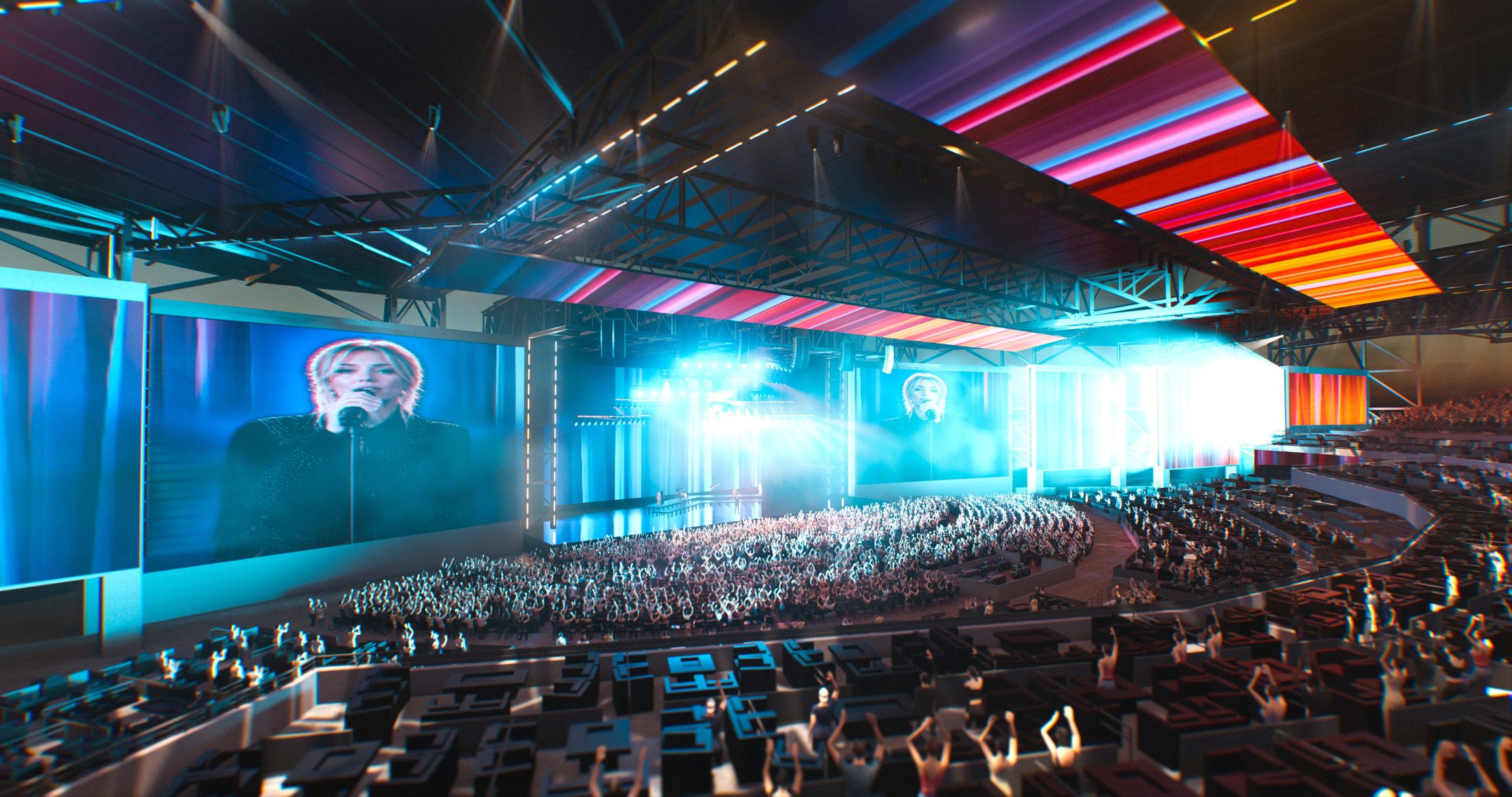 Rendering of the Sunset Amphitheater at McKinney: a covered open-air bowl with a wide colour-washed ceiling, twin side screens flanking the stage, and terraced seating wrapping a full house.
